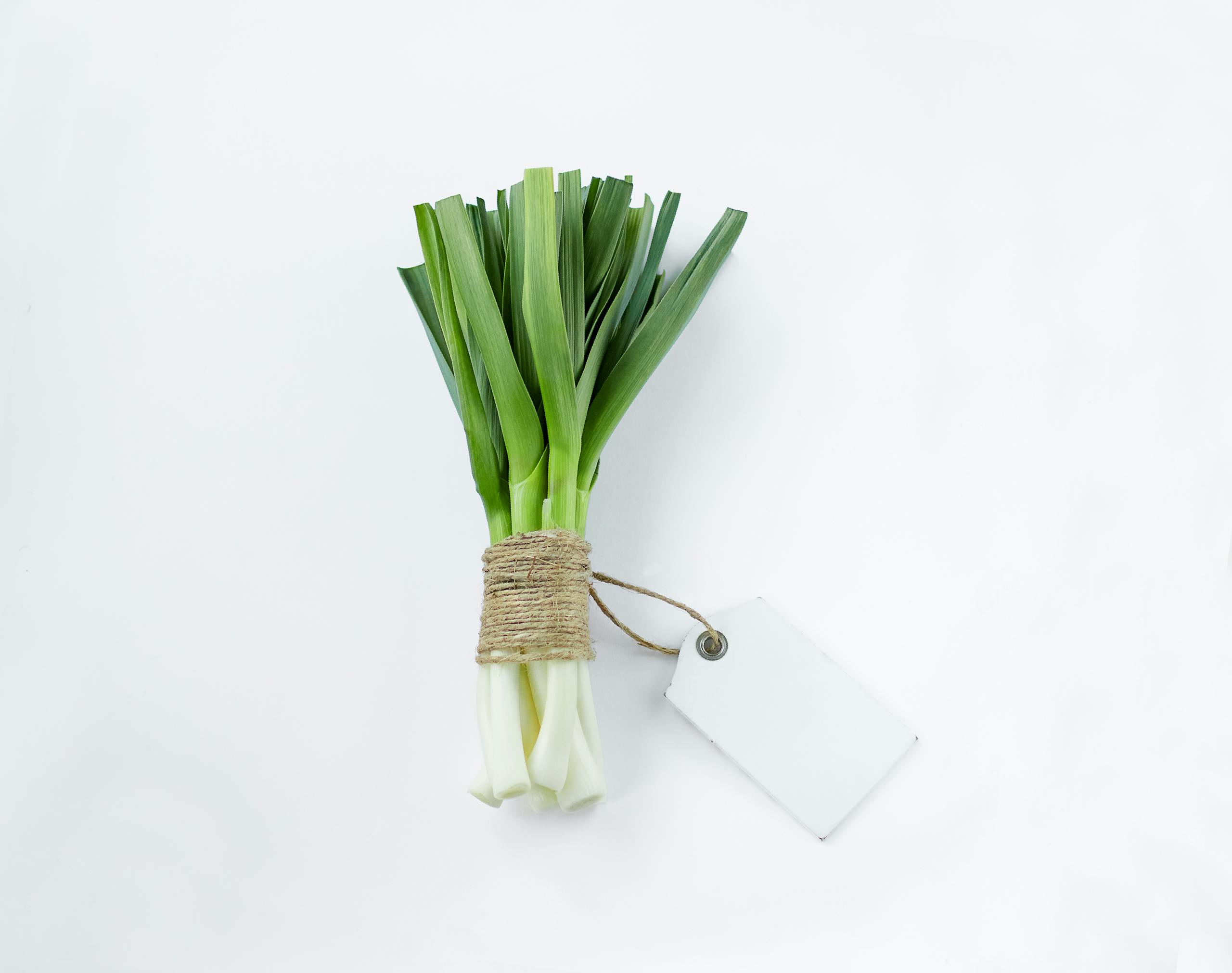 A bunch of fresh leeks tied with twine placed on a white background, featuring a blank tag for customization.